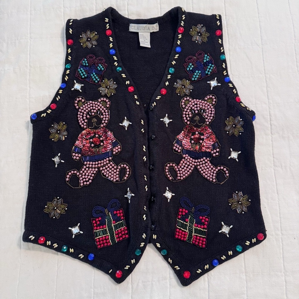 Vintage 90s Claudia D. Beaded Sequenced‎ Christmas Sweater Vest Black Med Womens